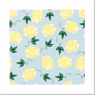 Yellow & Blue Floral Pattern Posters and Art